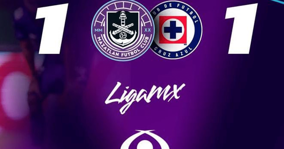 Marcador 1-1 entre Mazatlán FC y Cruz Azul con logotipos de equipos y fondo morado