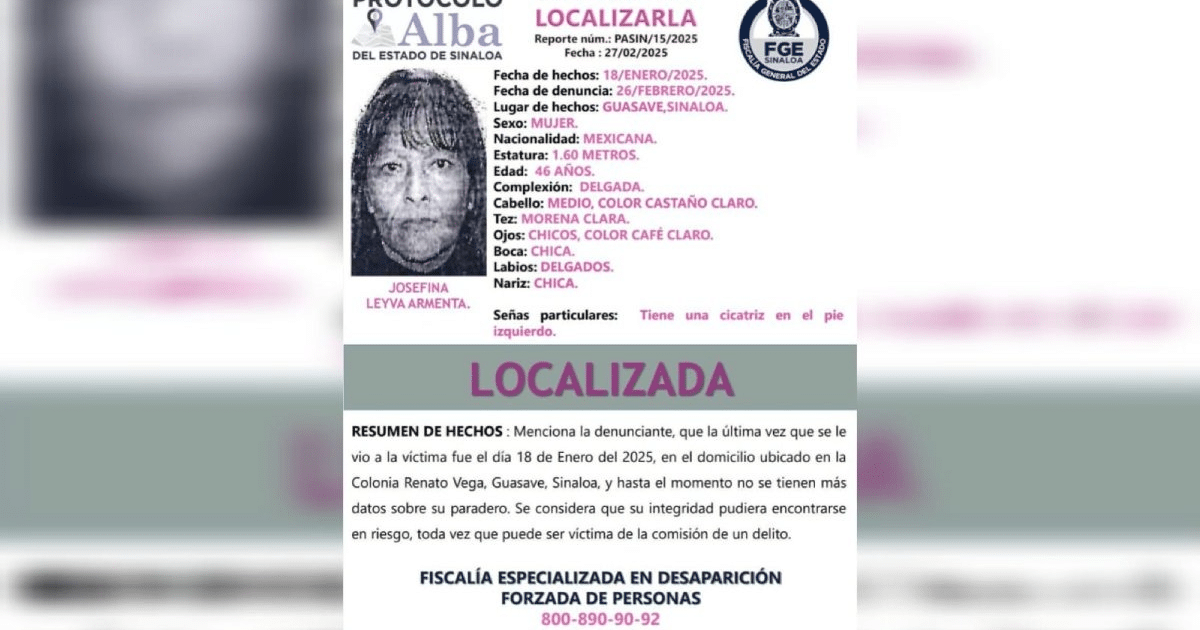 Aviso del Protocolo Alba Sinaloa sobre la localización de Josefina “N” en Guasave.