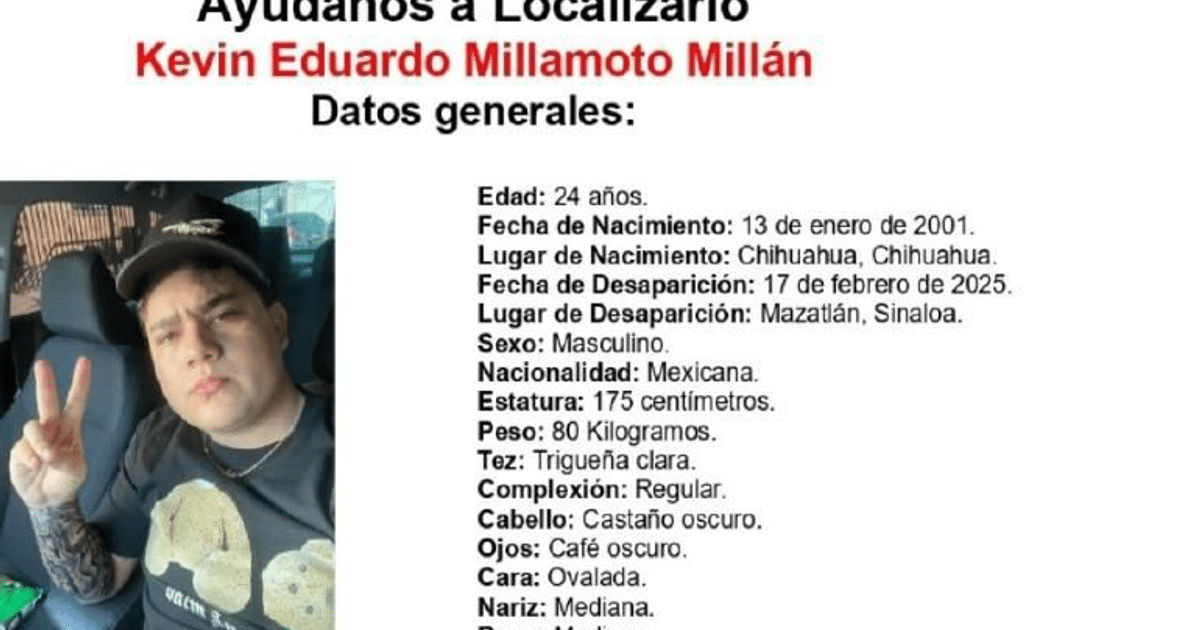 Cartel de búsqueda de Kevin Eduardo Villamoto Milán con detalles de su desaparición y características físicas.