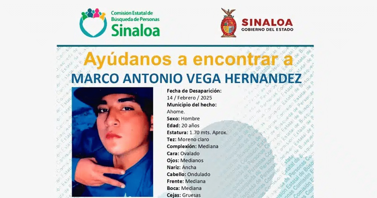 Cartel de búsqueda de Marco Antonio Vega Hernández, desaparecido en Sinaloa, México.