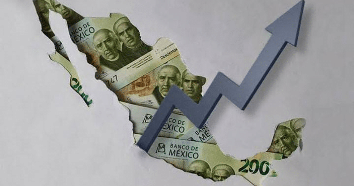 Gráfico de flecha ascendente sobre mapa de México con billetes, simbolizando crecimiento económico.