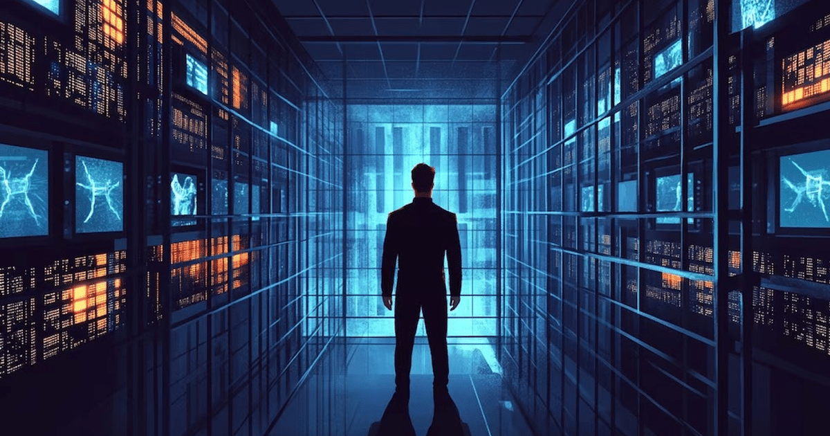 Silueta de persona en entorno tecnológico con luces azules y naranjas, evocando ciberseguridad.