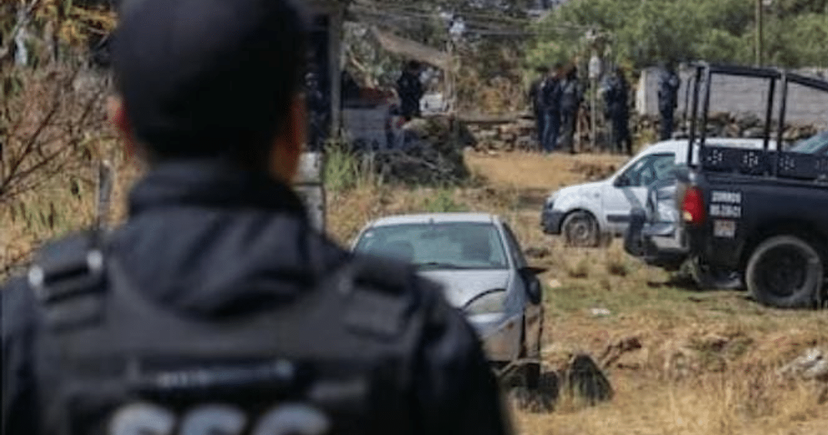 Hombre de espaldas en operativo de seguridad en Xochimilco con vehículos y personas al fondo.