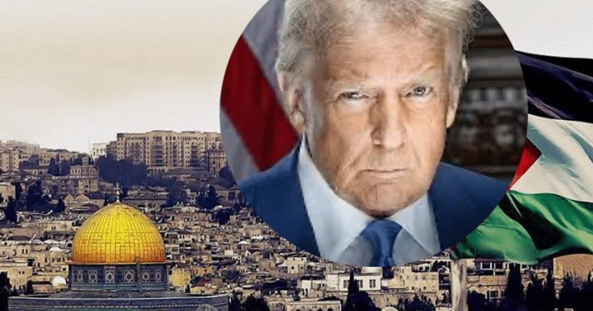 Vista de la ciudad con el Domo de la Roca y bandera palestina