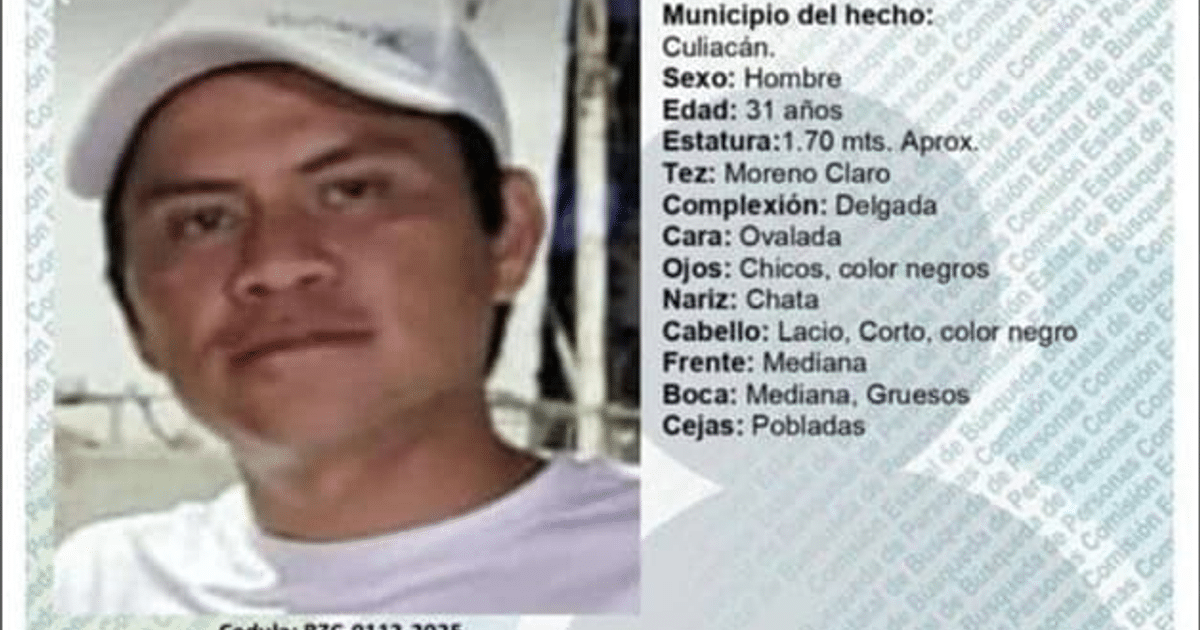 Cartel de hombre desaparecido en Culiacán con detalles personales y contacto.