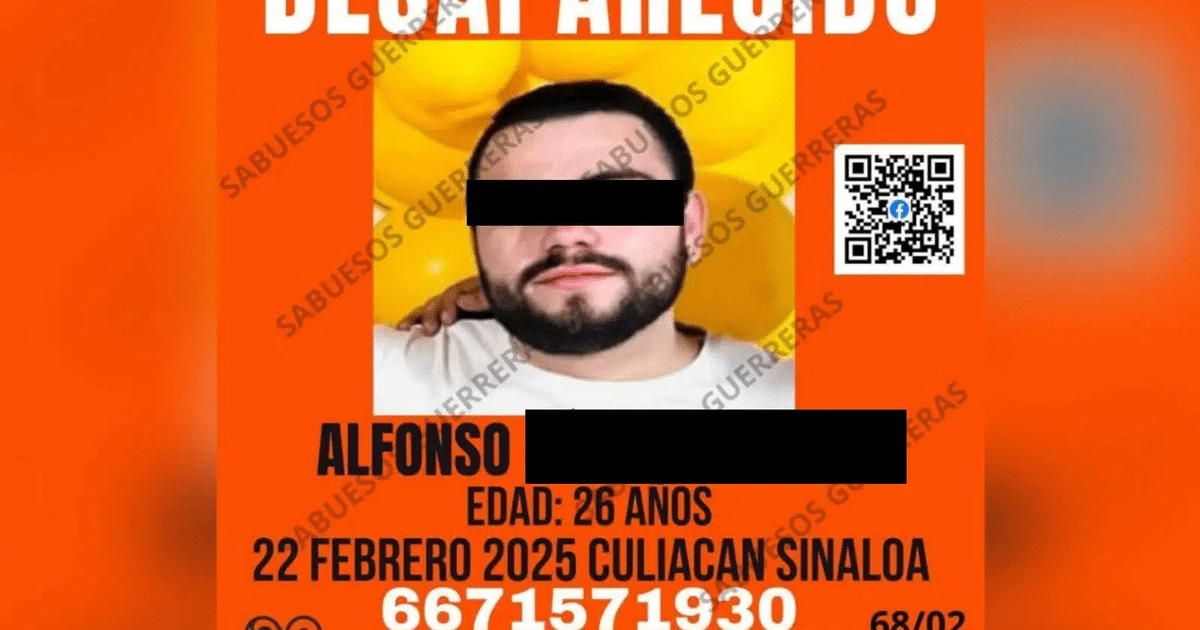 Cartel de búsqueda de Alfonso “N” desaparecido en Culiacán, con foto y detalles de contacto.