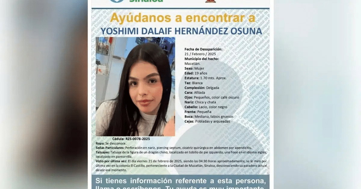 Cartel de búsqueda de Yoshimi Dalaif Hernández Osuna, joven desaparecida en Mazatlán.