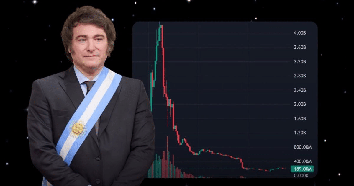 Hombre con banda argentina frente a gráfico de caída de $Libra