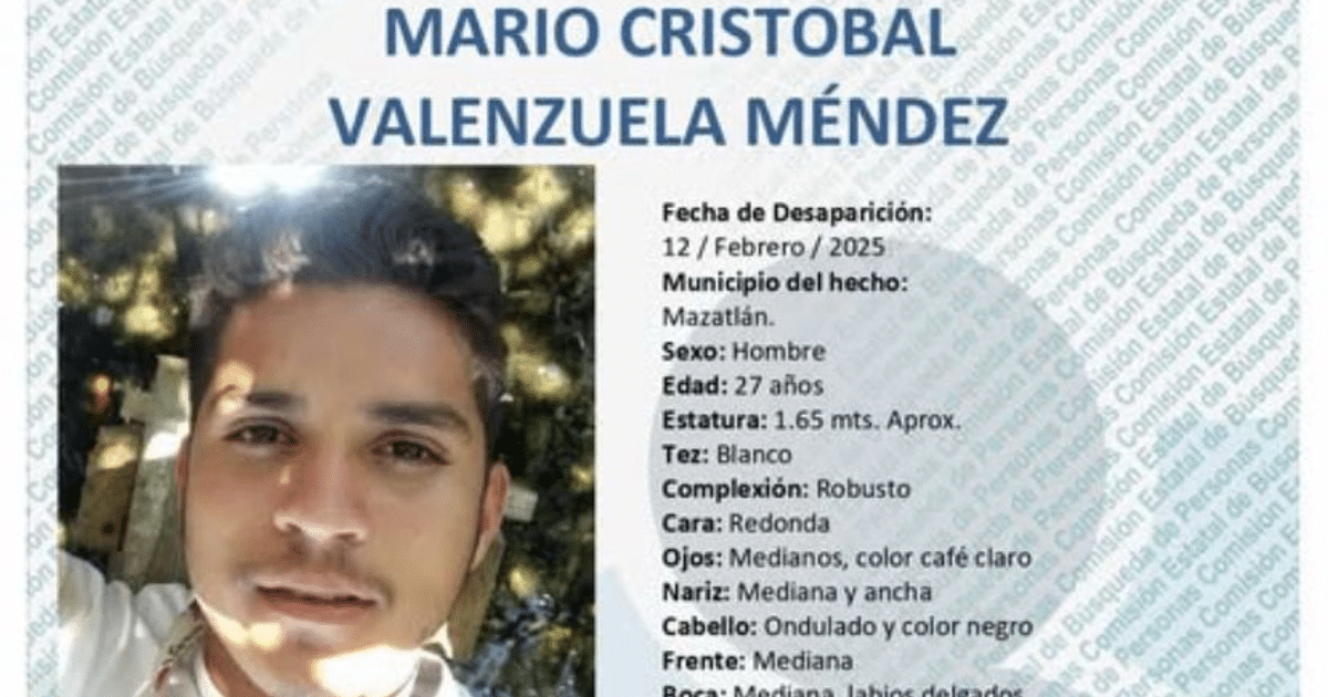 Cartel de búsqueda de Mario Cristóbal Valenzuela Méndez con detalles de su desaparición en Mazatlán.