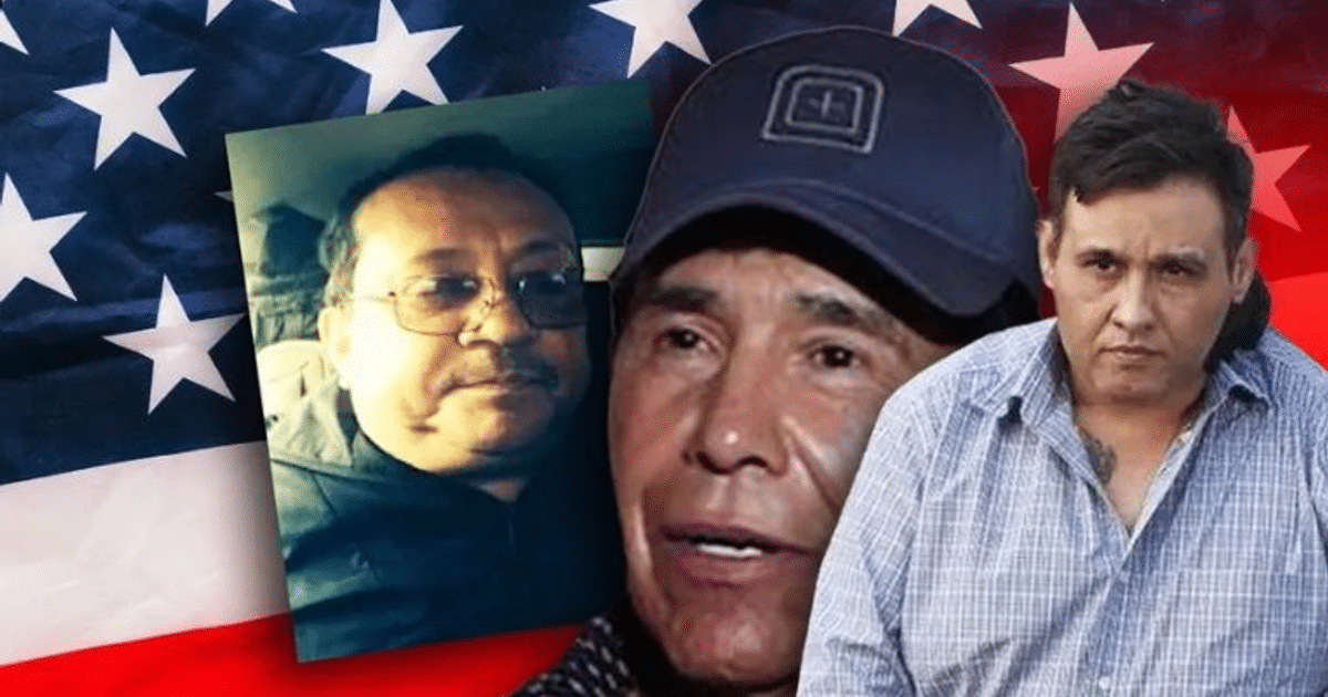 Tres rostros superpuestos sobre la bandera de Estados Unidos, simbolizando la extradición de narcotraficantes.