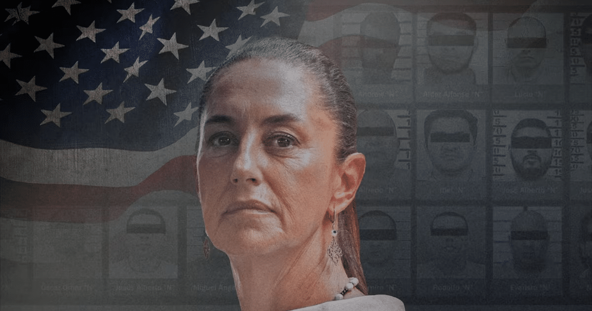 Persona frente a una bandera estadounidense con fotografías de identificación, simbolizando el traslado de narcotraficantes a Estados Unidos.