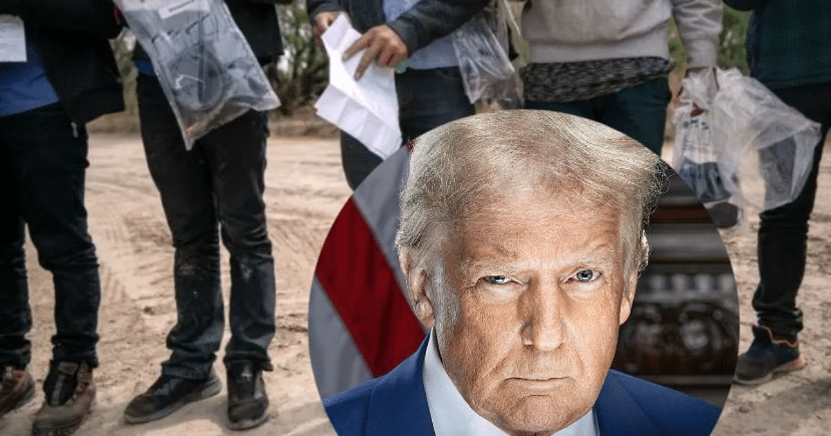 Grupo de personas en entorno arenoso con bolsas y documentos, retrato de individuo serio en la esquina.