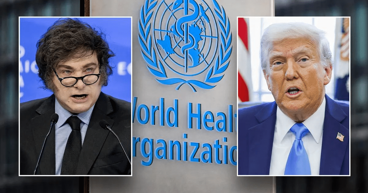 Logotipo de la OMS con dos personas discutiendo sobre la retirada de Argentina de la organización.