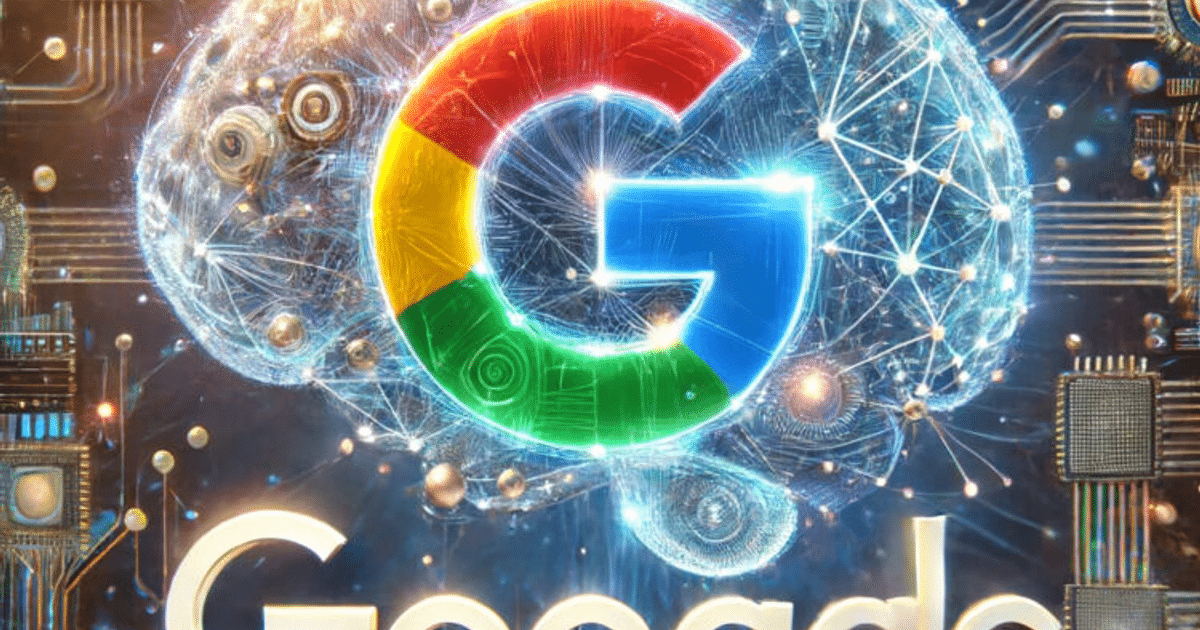 Logo de Google con diseño futurista y elementos tecnológicos, representando la evolución de la inteligencia artificial y cambios en normativas éticas.