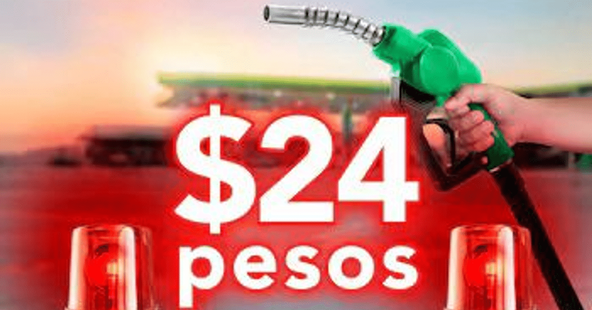 Bomba de gasolina con precio de $24 pesos y luz de alarma en estación de servicio.