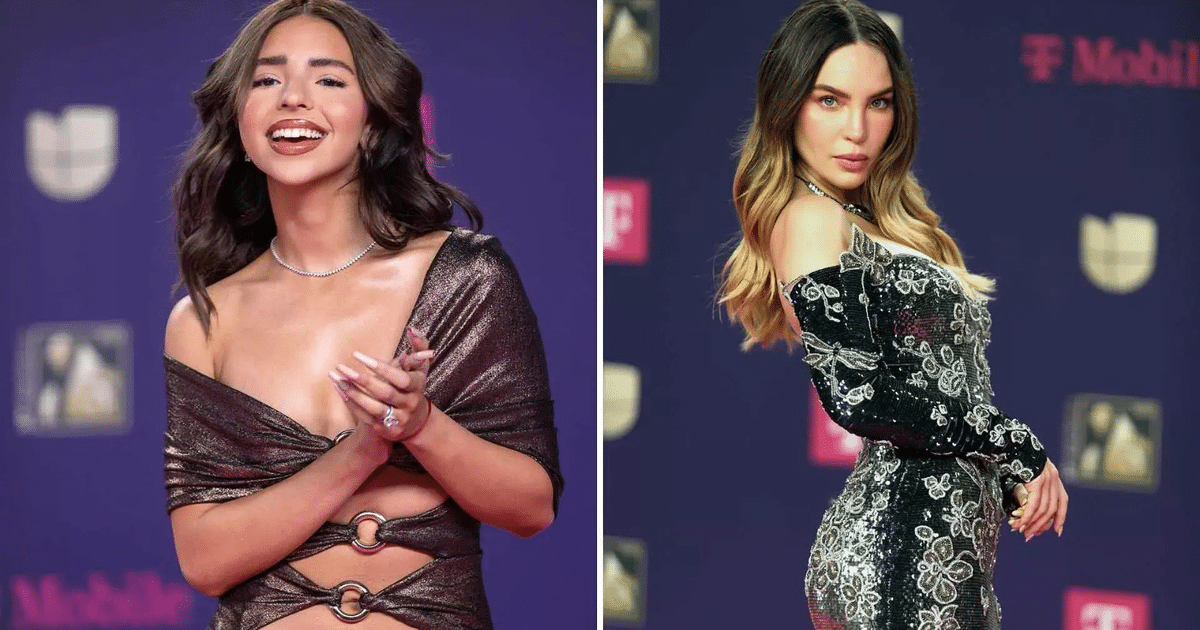 Belinda y Ángela Aguilar en la alfombra roja de Premios Lo Nuestro 2025, ambas con vestidos brillantes y elegantes.