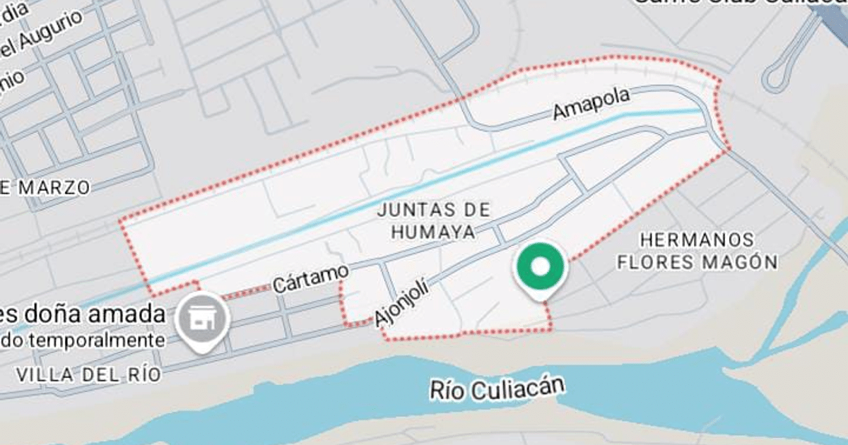 Mapa de Culiacán mostrando la delimitación del área del incidente en la colonia Juntas del Humaya.