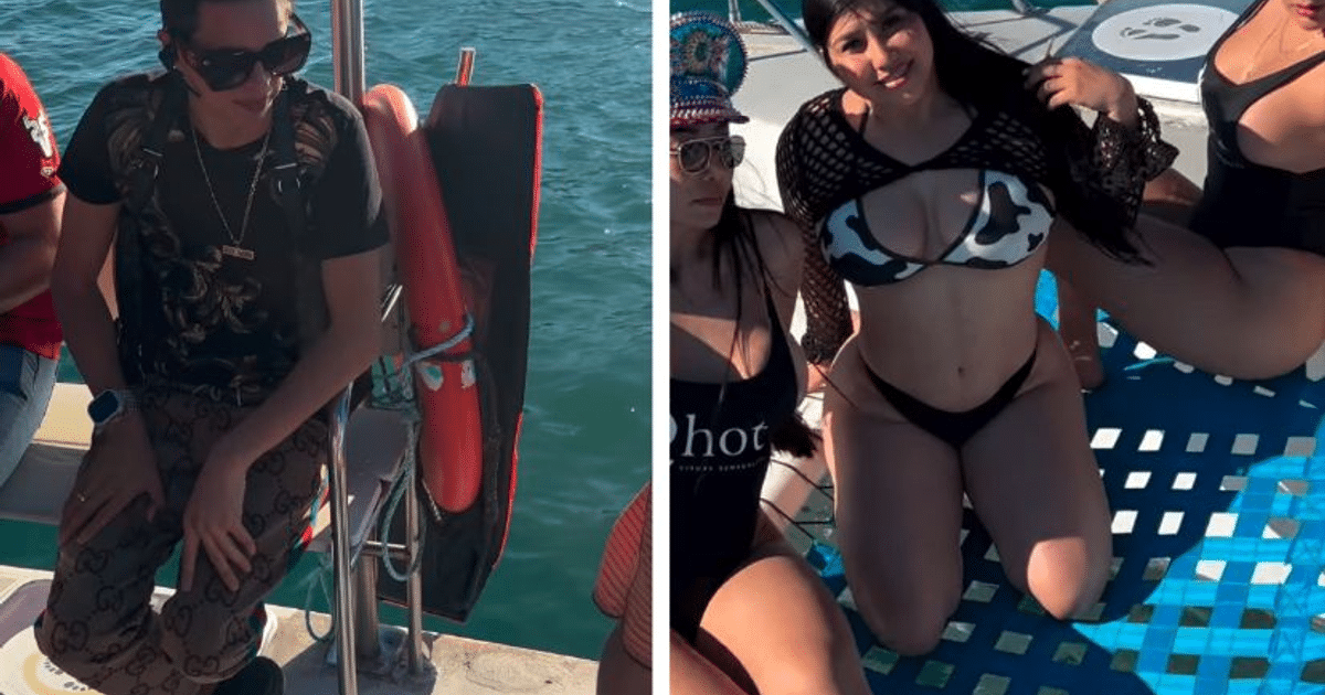 Personas disfrutando en un catamarán en Mazatlán, con música sinaloense de fondo.