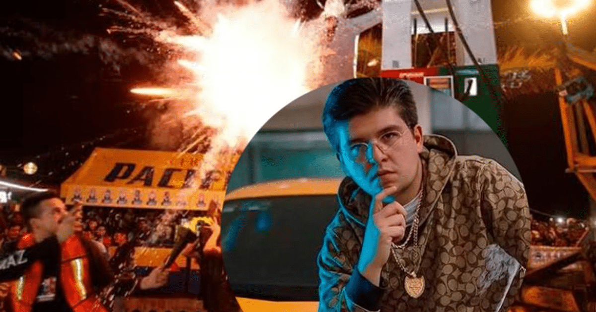 Fuegos artificiales y multitud en el Carnaval Mal Humor 2025 en Mazatlán, con un rostro pensativo en primer plano.