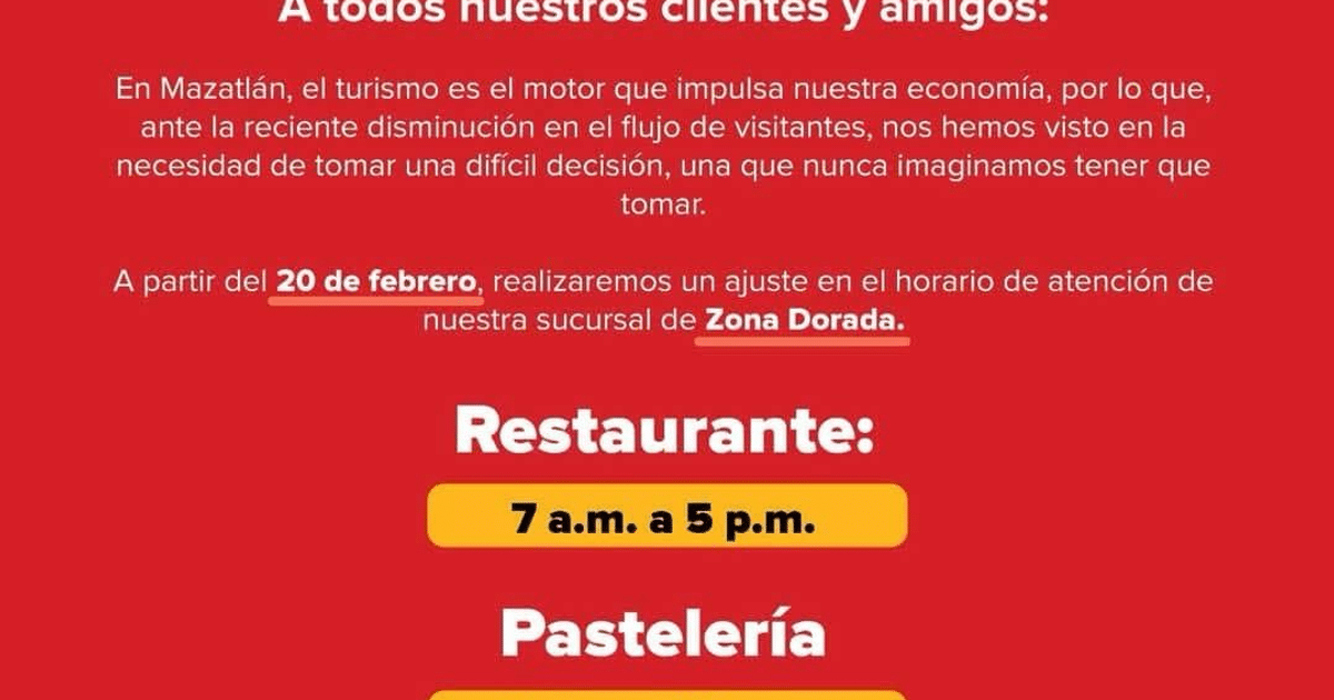 Anuncio de ajuste de horario en Restaurante Panamá de Mazatlán por disminución turística