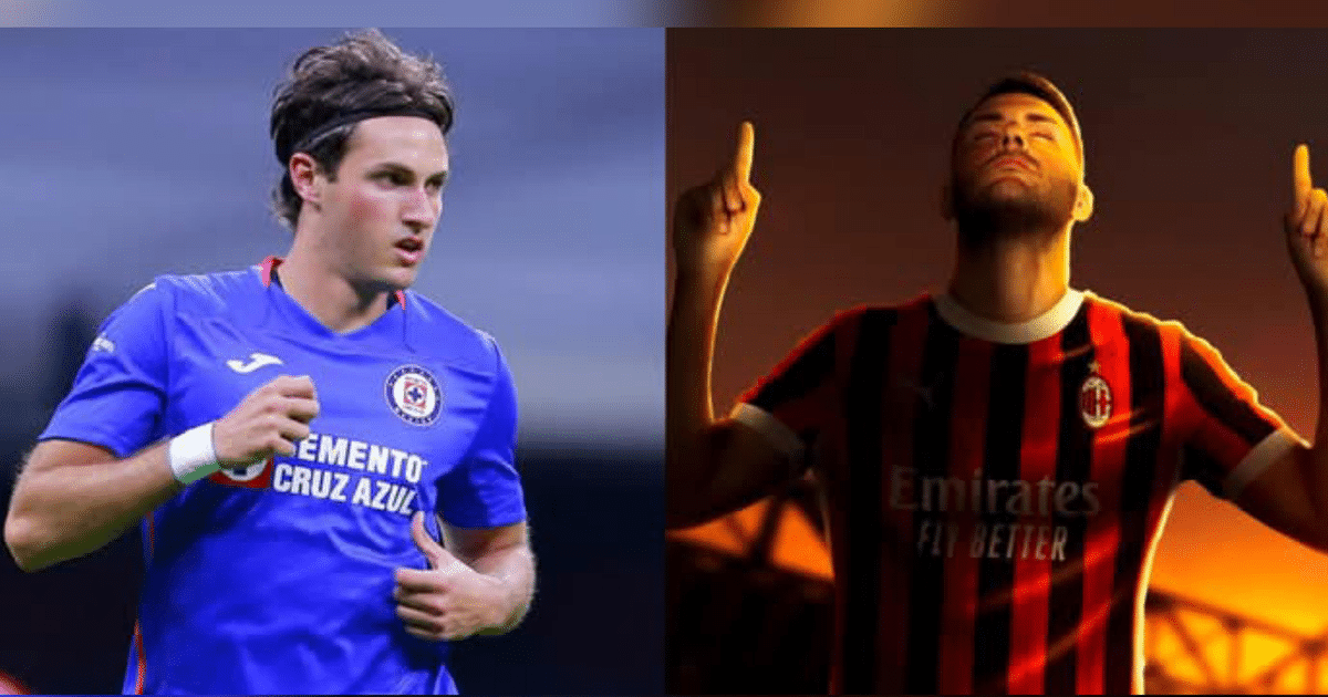 Santiago Giménez en camiseta azul y representación artística en camiseta a rayas rojas y negras