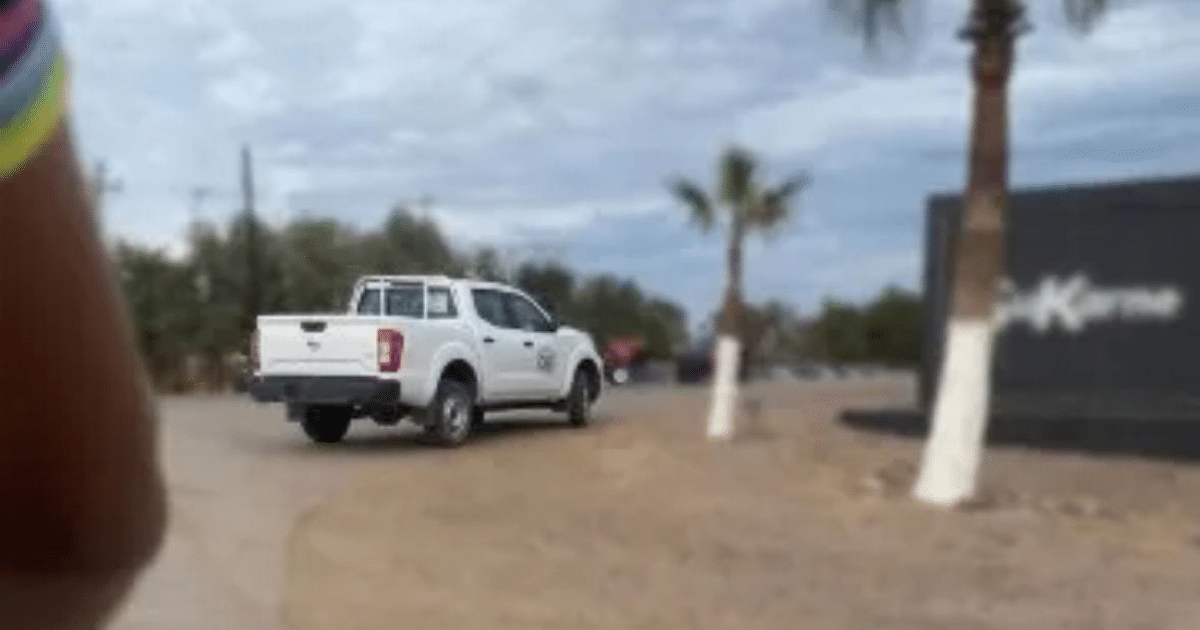 Camioneta blanca alejándose por un camino con letrero 'Karme', palmeras y cielo nublado.