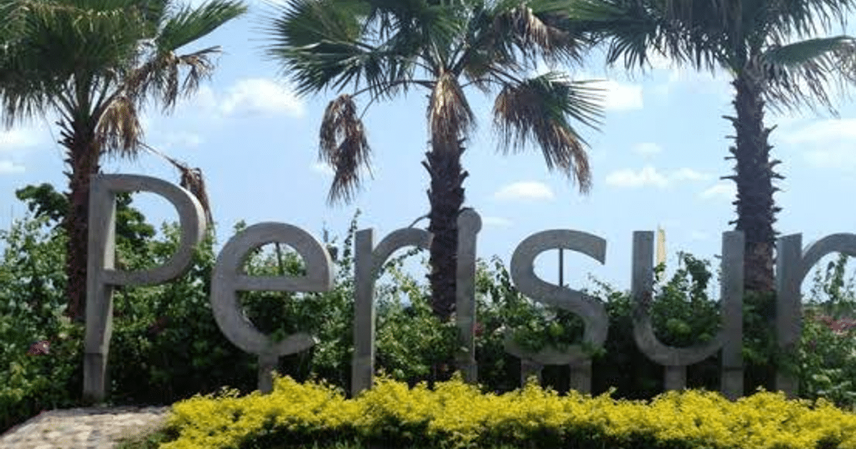 Letrero de Perisur rodeado de palmeras y cielo azul