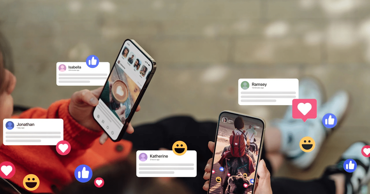Dos personas usando teléfonos inteligentes con interfaces de redes sociales, mostrando interacciones y reacciones.