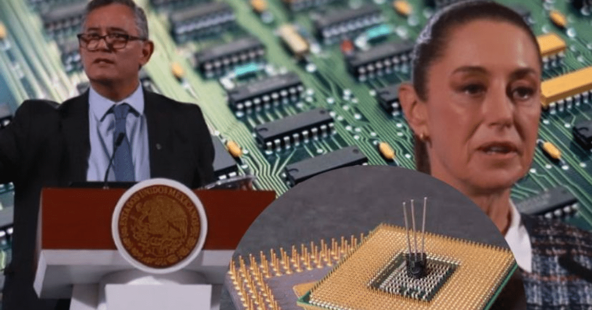 Dos personas presentan sobre tecnología en un evento, con un fondo de circuito electrónico y un chip visible, simbolizando el proyecto Kutsari en México.