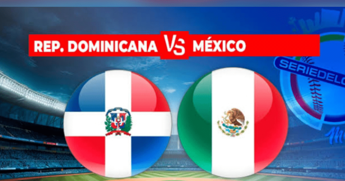 Gráfico con banderas de República Dominicana y México, texto 'REP. DOMINICANA VS MÉXICO', Serie del Caribe 2025.