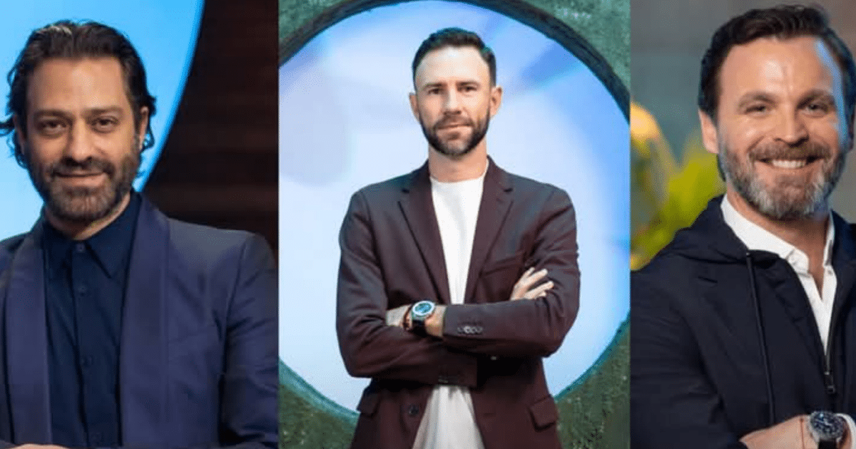 Tres nuevos inversionistas de Shark Tank México posan en diferentes fondos, reflejando su diversidad en estilo y enfoque empresarial.