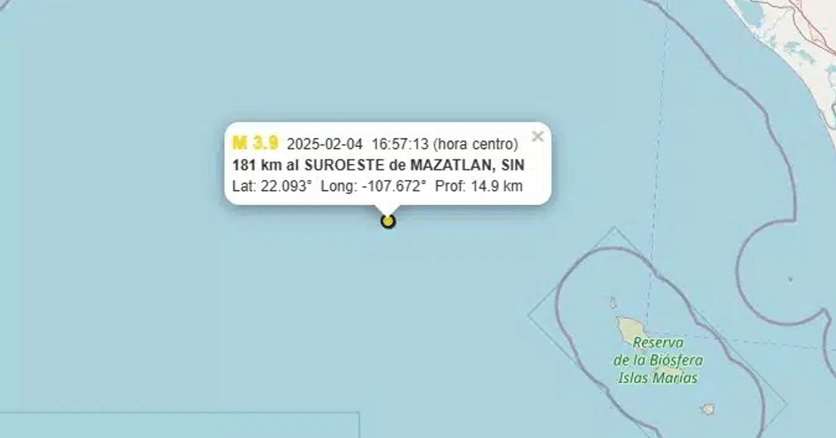 Mapa del sismo de magnitud 3.9 en Sinaloa, México, con detalles de ubicación y profundidad.