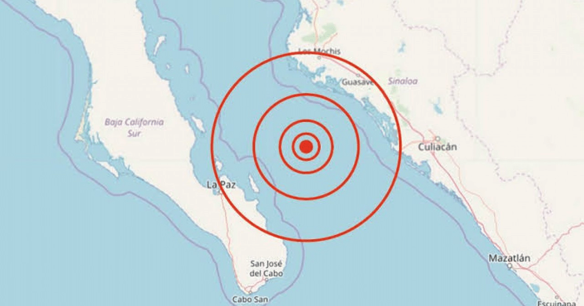 Mapa de Baja California Sur con epicentro sísmico en La Paz y localidades cercanas.