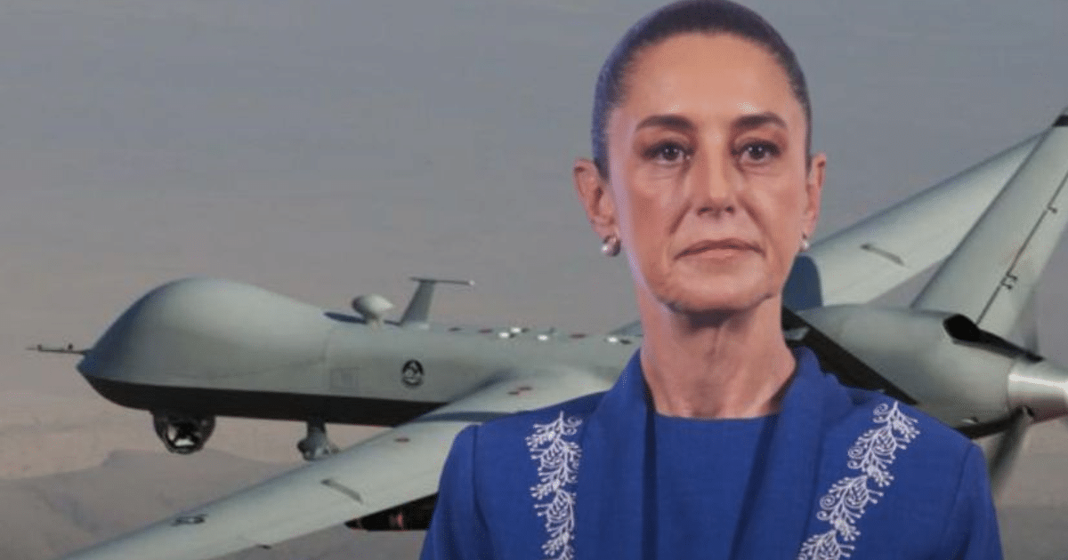 Persona en traje azul con dron militar en desierto, simbolizando colaboración México-EE.UU.