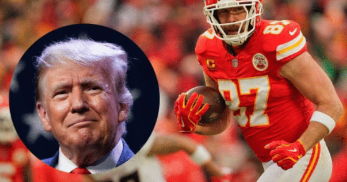 Jugador de los Kansas City Chiefs con balón y político en círculo, relacionado con la presencia presidencial en el Super Bowl.