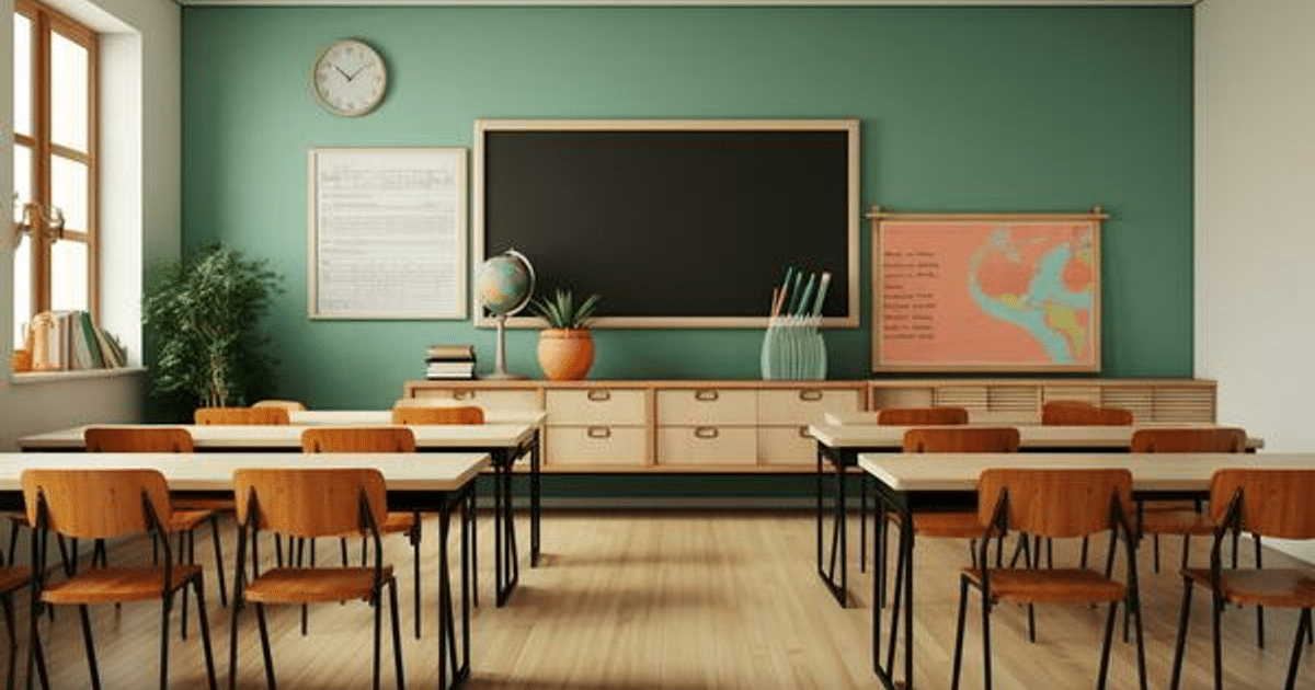 Aula moderna con mesas de madera y pared verde, en contexto de suspensión de clases en Culiacán.
