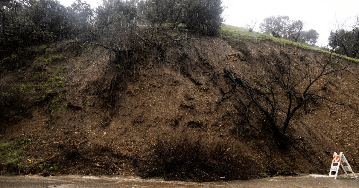 Terraplén inclinado con vegetación y señal de advertencia de tráfico en un día húmedo.