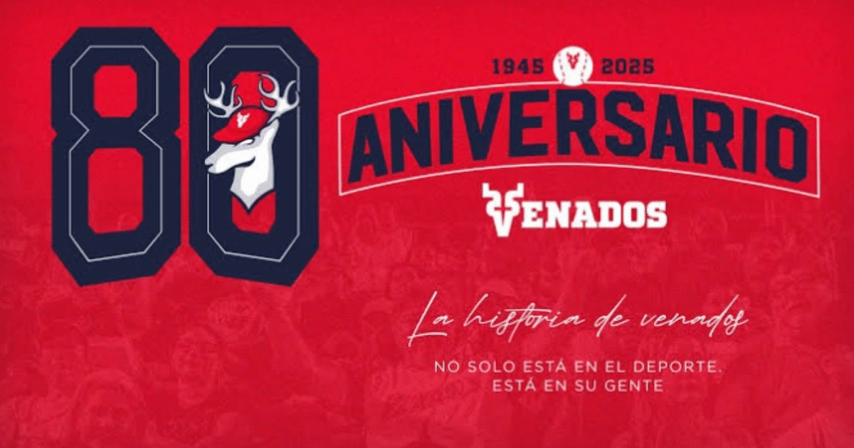 Diseño conmemorativo del 80 aniversario de Venados de Mazatlán con el número 80, logo de venado, y fechas 1945-2025 sobre fondo rojo.