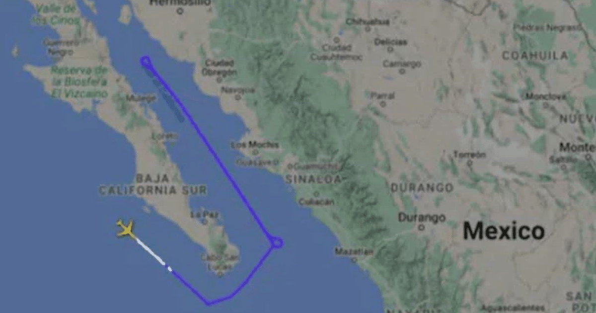Mapa de Baja California Sur con ruta de vuelo y avión en aproximación