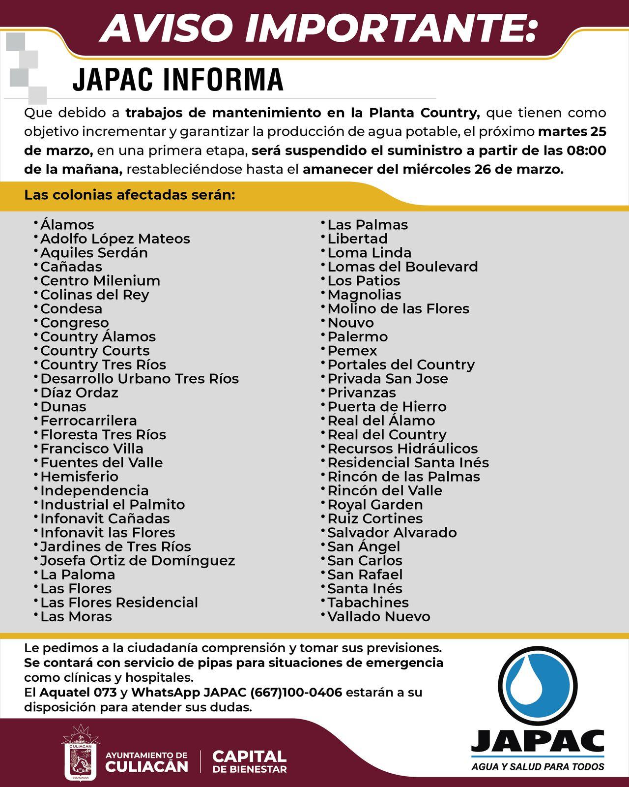 Culiacán, Interrupción de servicios, Interrupción del suministro de agua, japac, MANTENIMIENTO