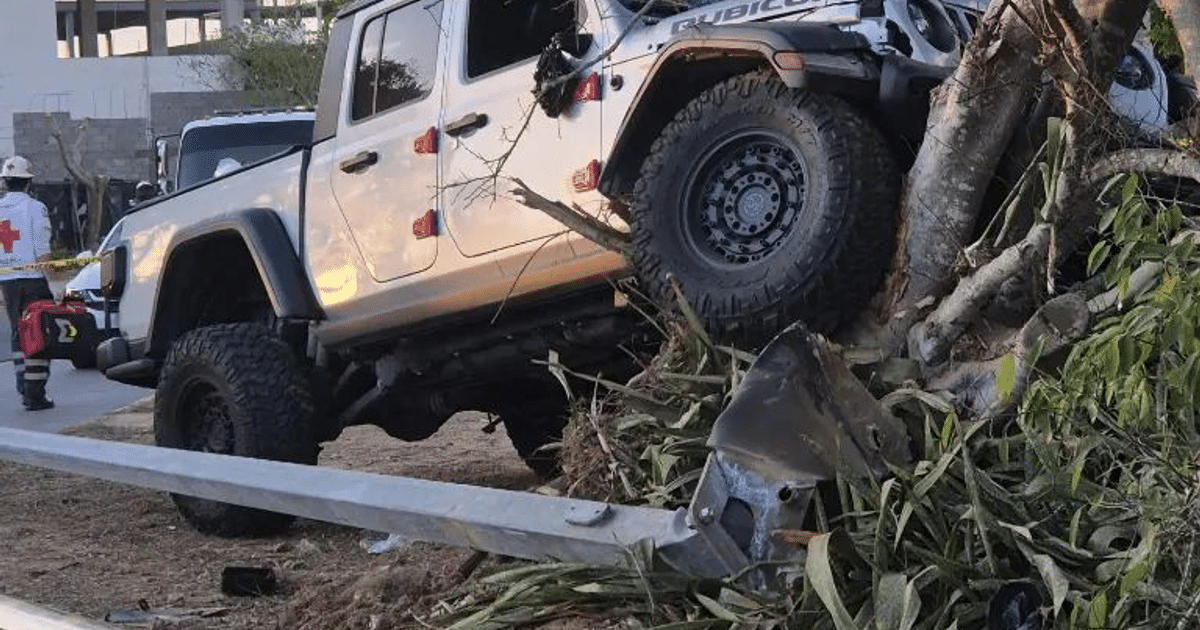 Jeep accidentado sobre un árbol en La Marina Mazatlán con personal de emergencia presente.