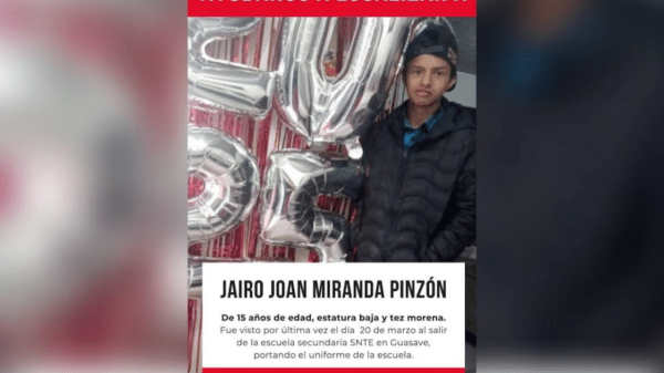 Aviso de búsqueda de Jairo Joan Miranda Pinzón, adolescente desaparecido en Guasave, con globos plateados '20'.