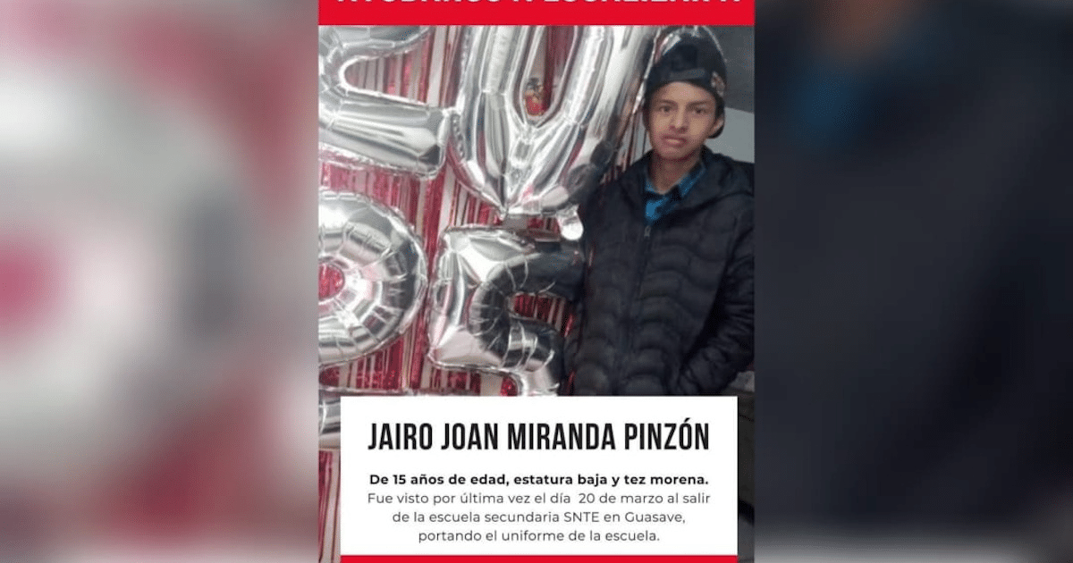 Aviso de búsqueda de Jairo Joan Miranda Pinzón, adolescente desaparecido en Guasave, con globos plateados '20'.