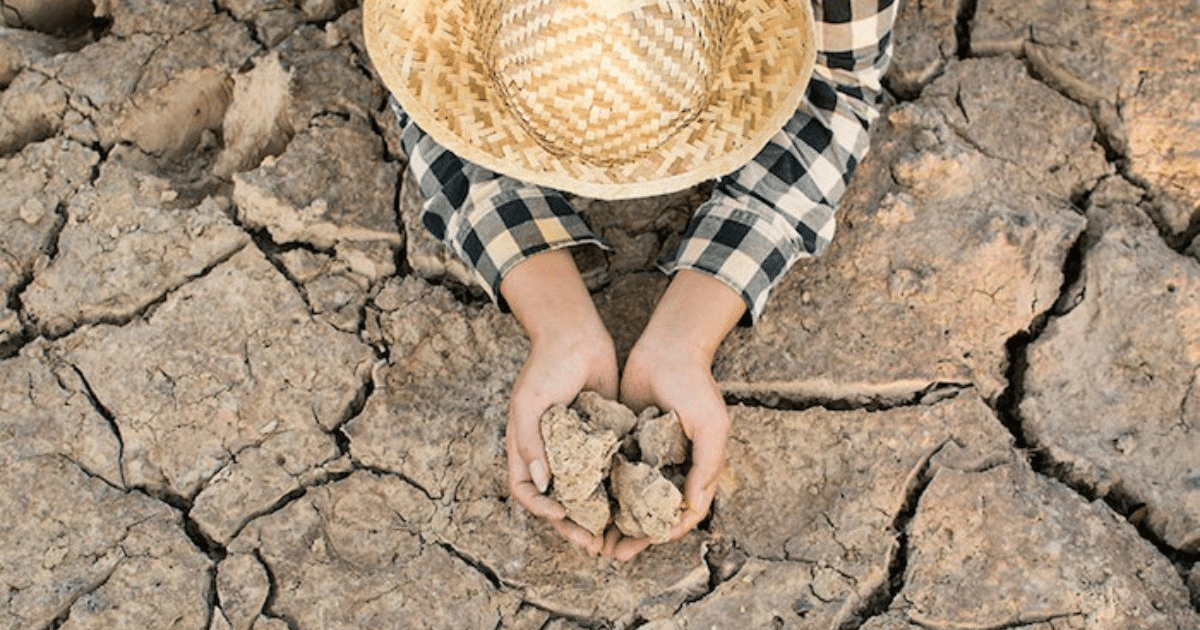 Persona en entorno rural sosteniendo tierra seca, simbolizando la sequía y la conservación del agua en Guasave.
