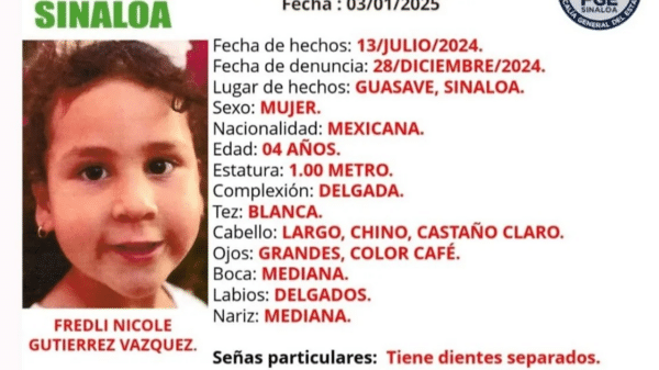Cartel de búsqueda de Fredli Nicole, niña desaparecida en Sinaloa.