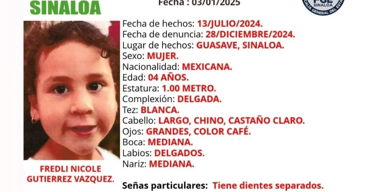Cartel de búsqueda de Fredli Nicole, niña desaparecida en Sinaloa.