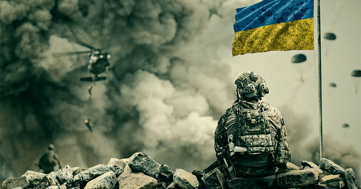 Soldado sentado con bandera amarilla y azul, helicóptero y paracaidistas en el fondo