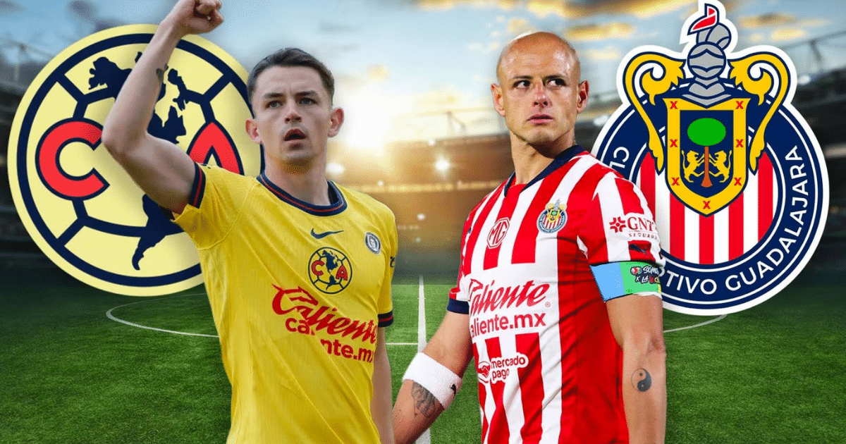 Jugadores de América y Chivas con logotipos de equipos en la Concachampions 2025