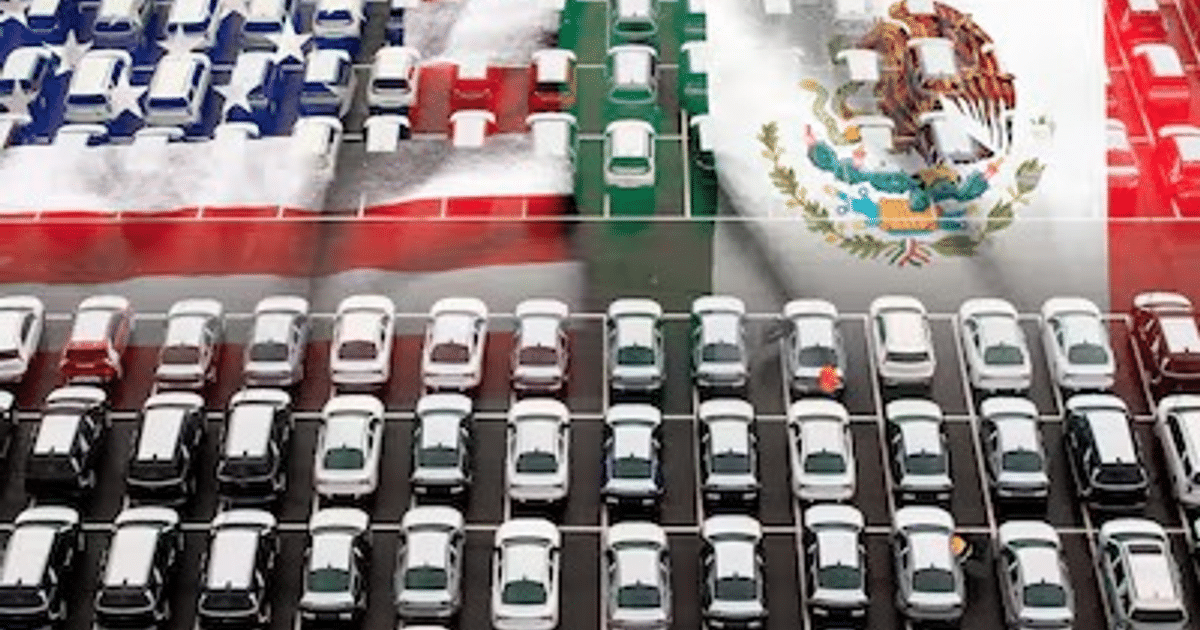 Automóviles estacionados con banderas de Estados Unidos y México de fondo, representando la relación comercial automotriz.