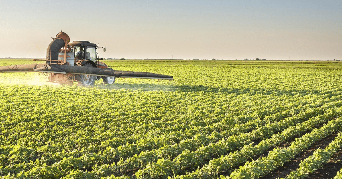 Tractor aplicando fertilizante en un campo agrícola verde y saludable bajo un cielo soleado.